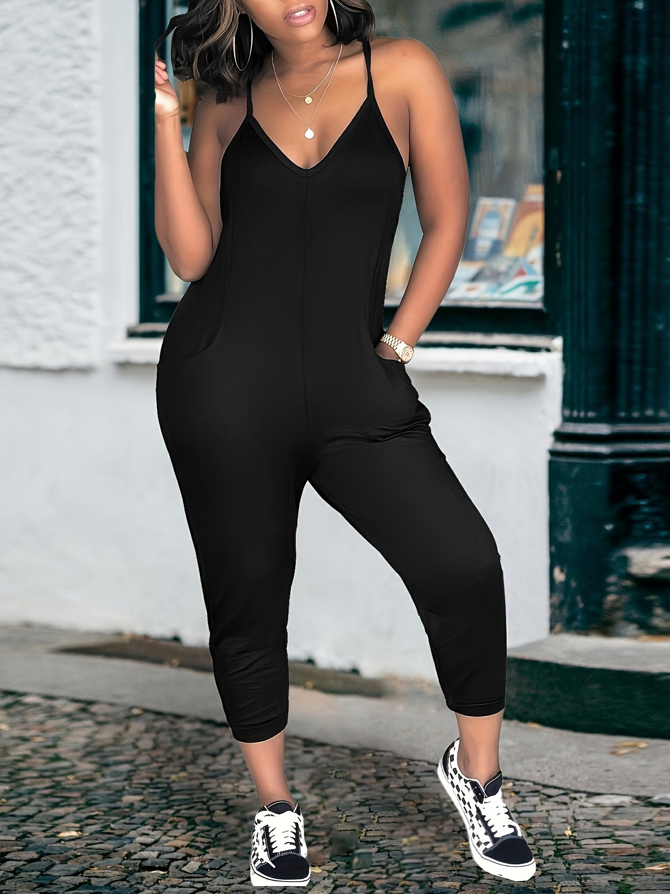 Solid Color Stylish Casual Pocket Jumpsuit